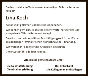 Traueranzeige von Lina Koch von HNA