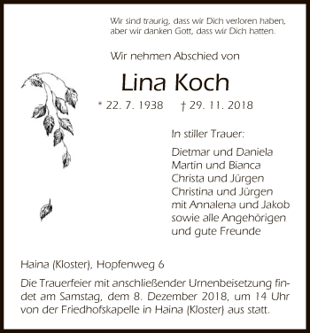 Traueranzeige von Lina Koch von HNA