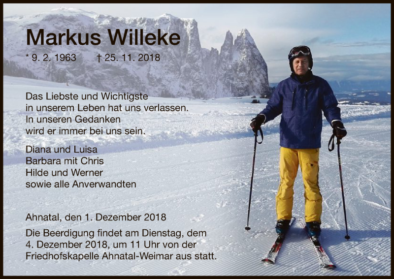  Traueranzeige für Markus Willeke vom 01.12.2018 aus HNA