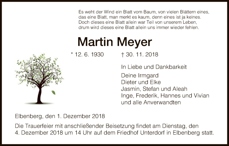  Traueranzeige für Martin Meyer vom 01.12.2018 aus HNA