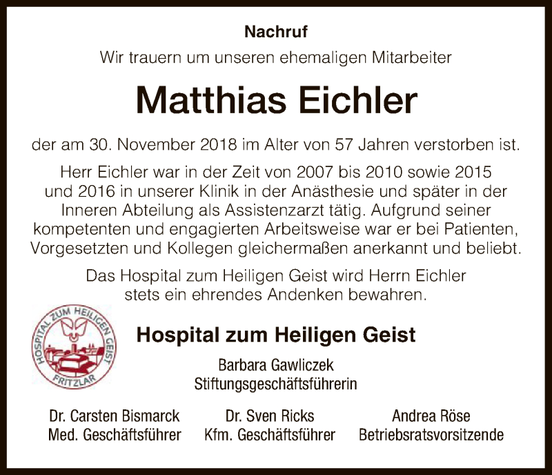  Traueranzeige für Matthias Eichler vom 13.12.2018 aus HNA
