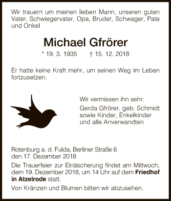 Traueranzeige von Michael Gfrörer von HNA