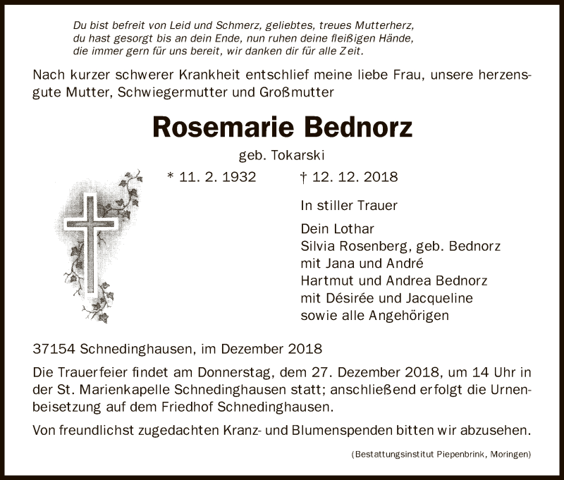  Traueranzeige für Rosemarie Bednorz vom 20.12.2018 aus HNA