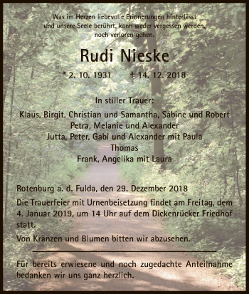 Traueranzeige von Rudi Nieske von HNA