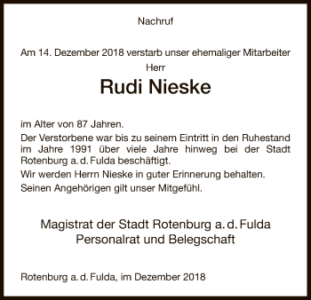 Traueranzeige von Rudi Nieske von HNA