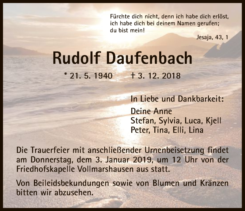  Traueranzeige für Rudolf Daufenbach vom 18.12.2018 aus HNA