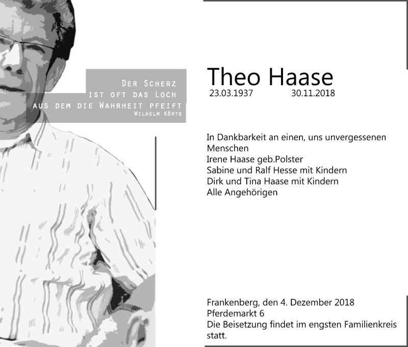  Traueranzeige für Theo Haase vom 04.12.2018 aus HNA