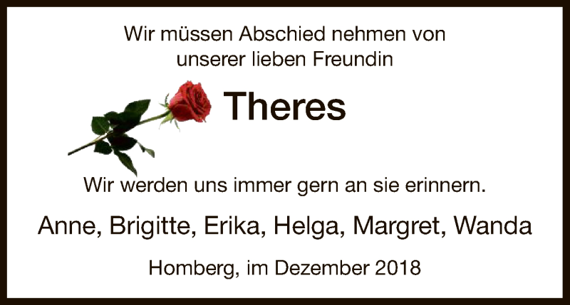  Traueranzeige für Theres  vom 07.12.2018 aus HNA