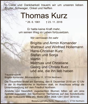 Traueranzeige von Thomas Kurz von HNA