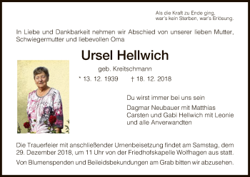 Traueranzeige von Ursel Hellwich von HNA