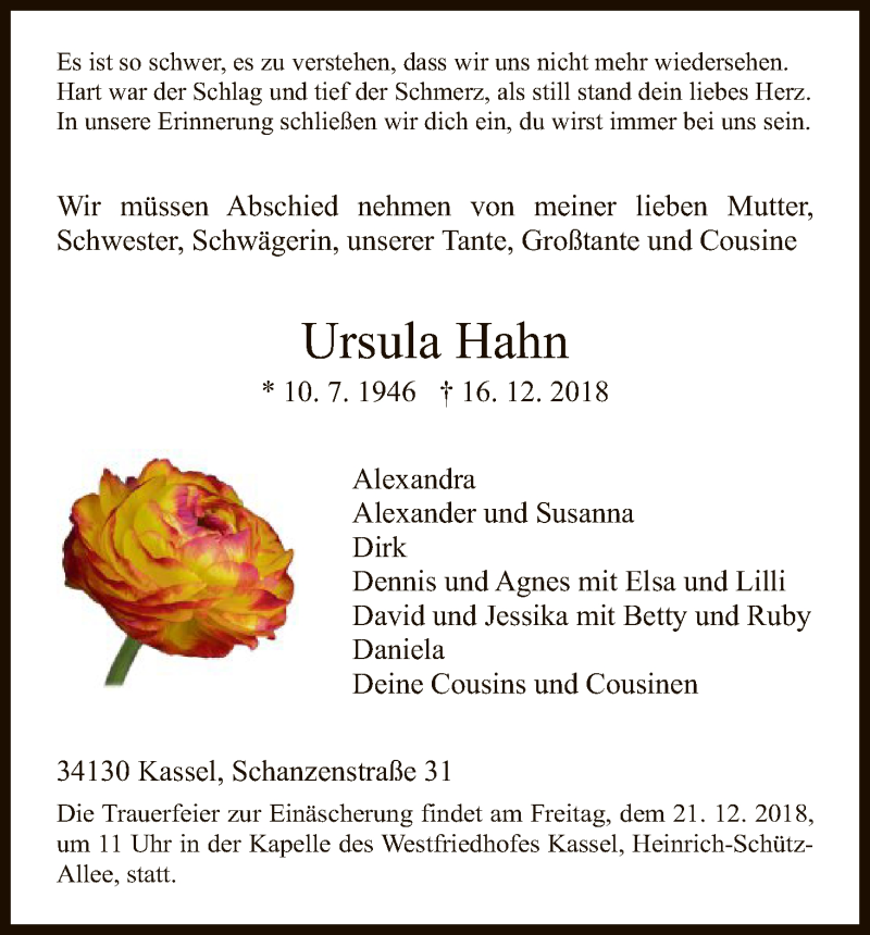 Traueranzeige für Ursula Hahn vom 19.12.2018 aus HNA