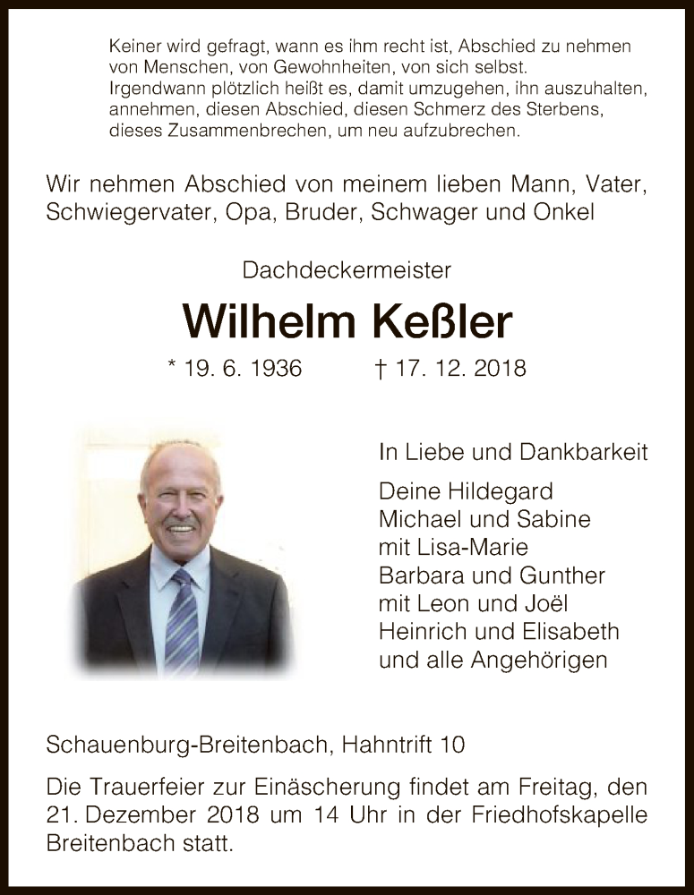  Traueranzeige für Wilhelm Keßler vom 19.12.2018 aus HNA