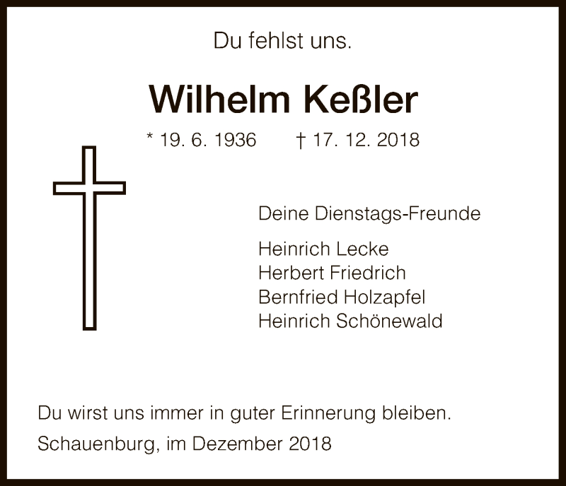  Traueranzeige für Wilhelm Keßler vom 20.12.2018 aus HNA
