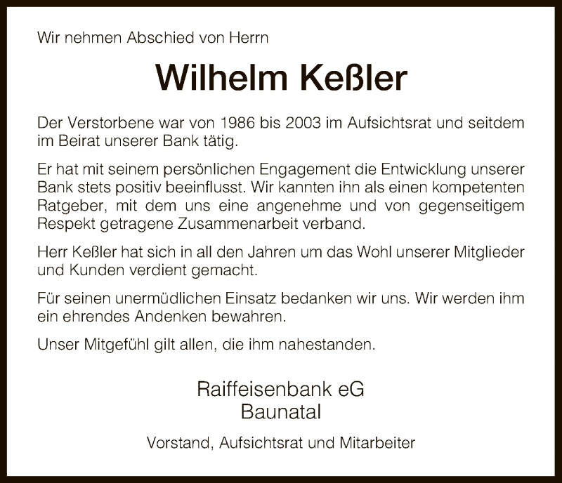  Traueranzeige für Wilhelm Keßler vom 20.12.2018 aus HNA