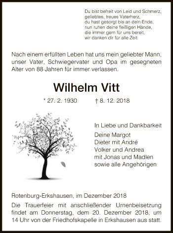 Traueranzeige von Wilhelm Vitt von HNA