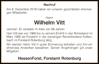 Traueranzeige von Wilhelm Vitt von HNA
