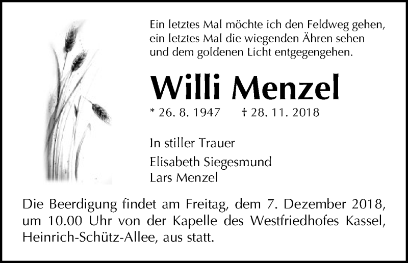  Traueranzeige für Willi Menzel vom 03.12.2018 aus HNA
