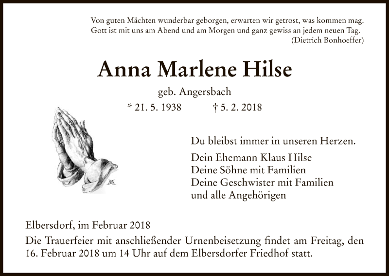  Traueranzeige für Anna Marlene Hilse vom 10.02.2018 aus HNA