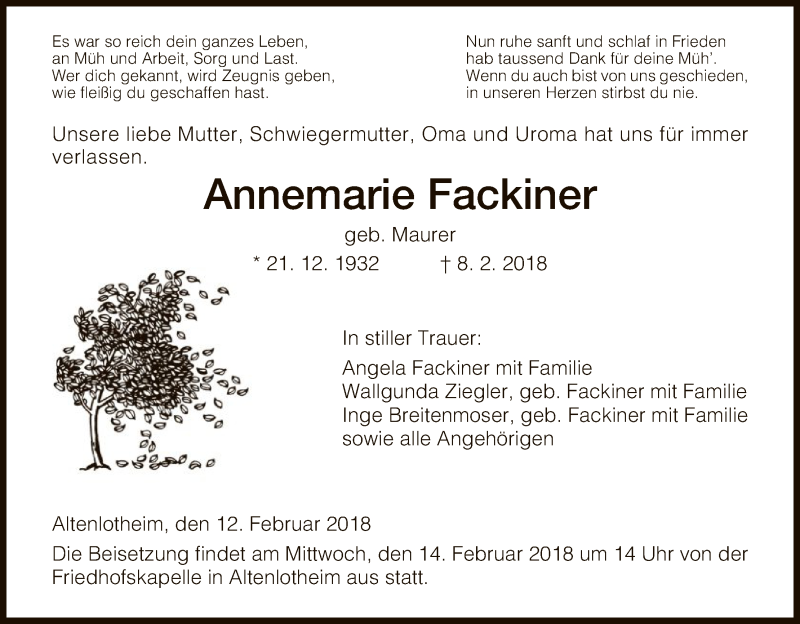  Traueranzeige für Annemarie Fackiner vom 12.02.2018 aus HNA