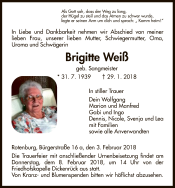 Traueranzeige von Brigitte Weiß von HNA