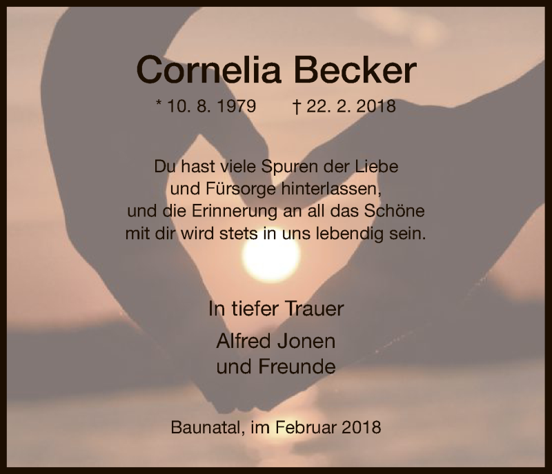  Traueranzeige für Cornelia Becker vom 28.02.2018 aus HNA