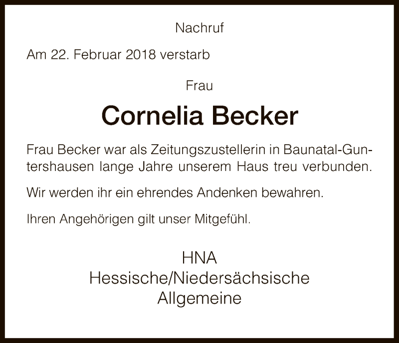  Traueranzeige für Cornelia Becker vom 27.02.2018 aus HNA