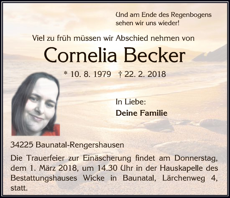  Traueranzeige für Cornelia Becker vom 26.02.2018 aus HNA