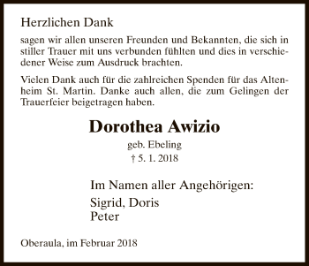 Traueranzeige von Dorothea Awizio von HNA