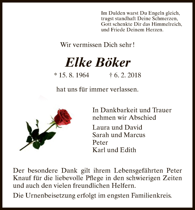  Traueranzeige für Elke Böker vom 12.02.2018 aus HNA