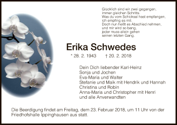 Traueranzeige von Erika Schwedes von HNA