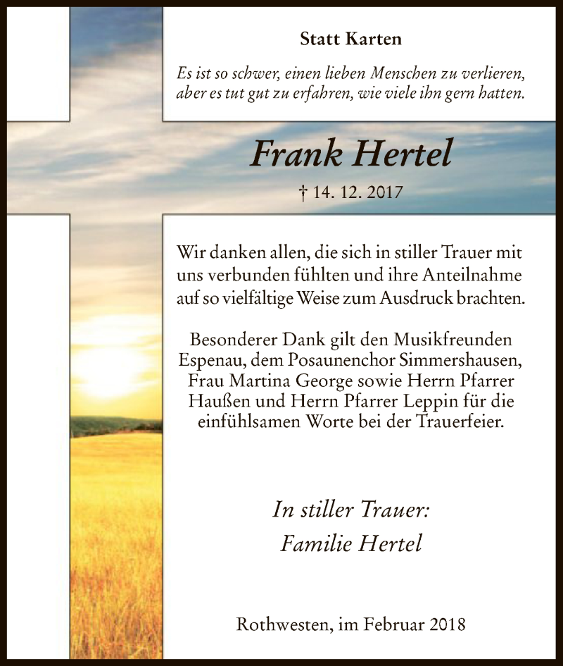  Traueranzeige für Frank Hertel vom 03.02.2018 aus HNA