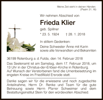 Traueranzeige von Frieda Klier von HNA