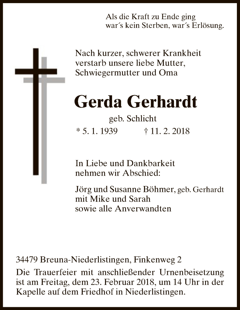 Traueranzeigen Von Gerda Gerhardt | Trauer.HNA.de