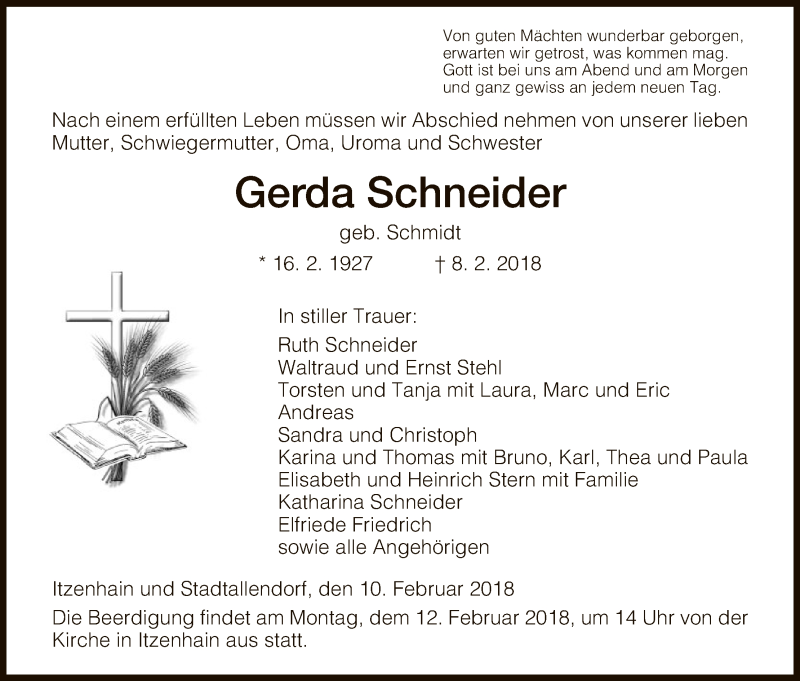  Traueranzeige für Gerda Schneider vom 10.02.2018 aus HNA