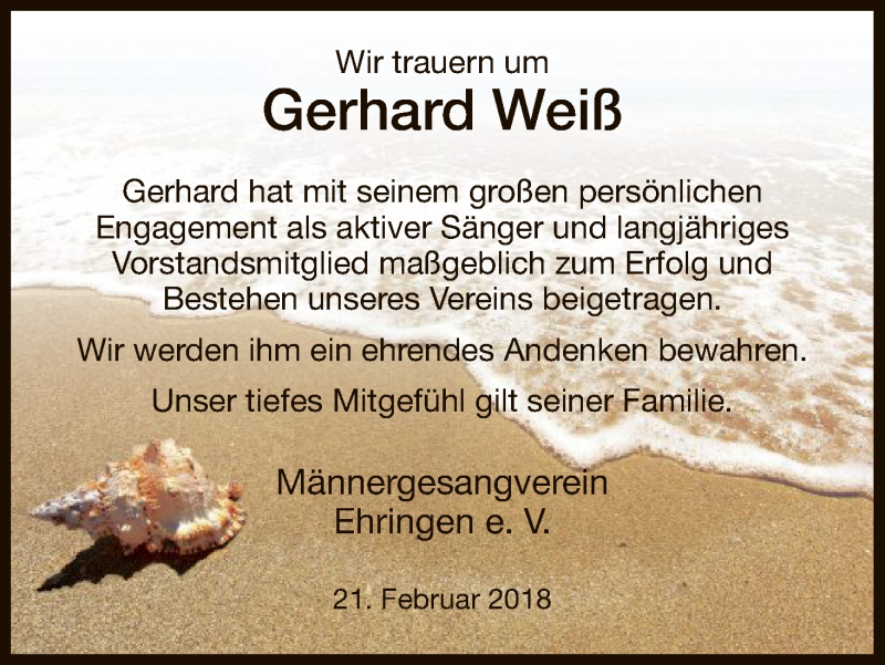  Traueranzeige für Gerhard Weiß vom 21.02.2018 aus HNA