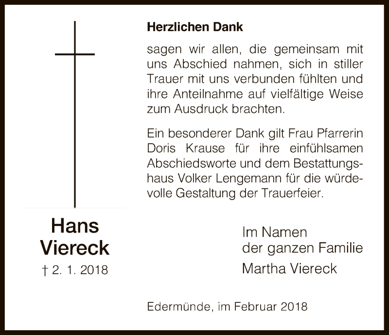  Traueranzeige für Hans Viereck vom 03.02.2018 aus HNA