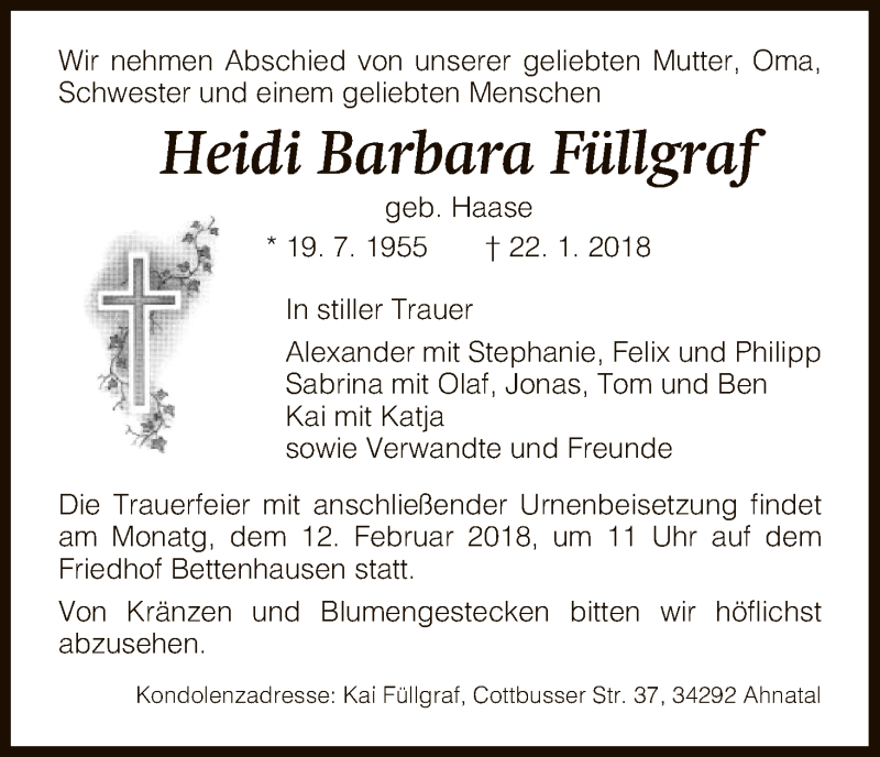  Traueranzeige für Heidi Barbara Füllgraf vom 08.02.2018 aus HNA