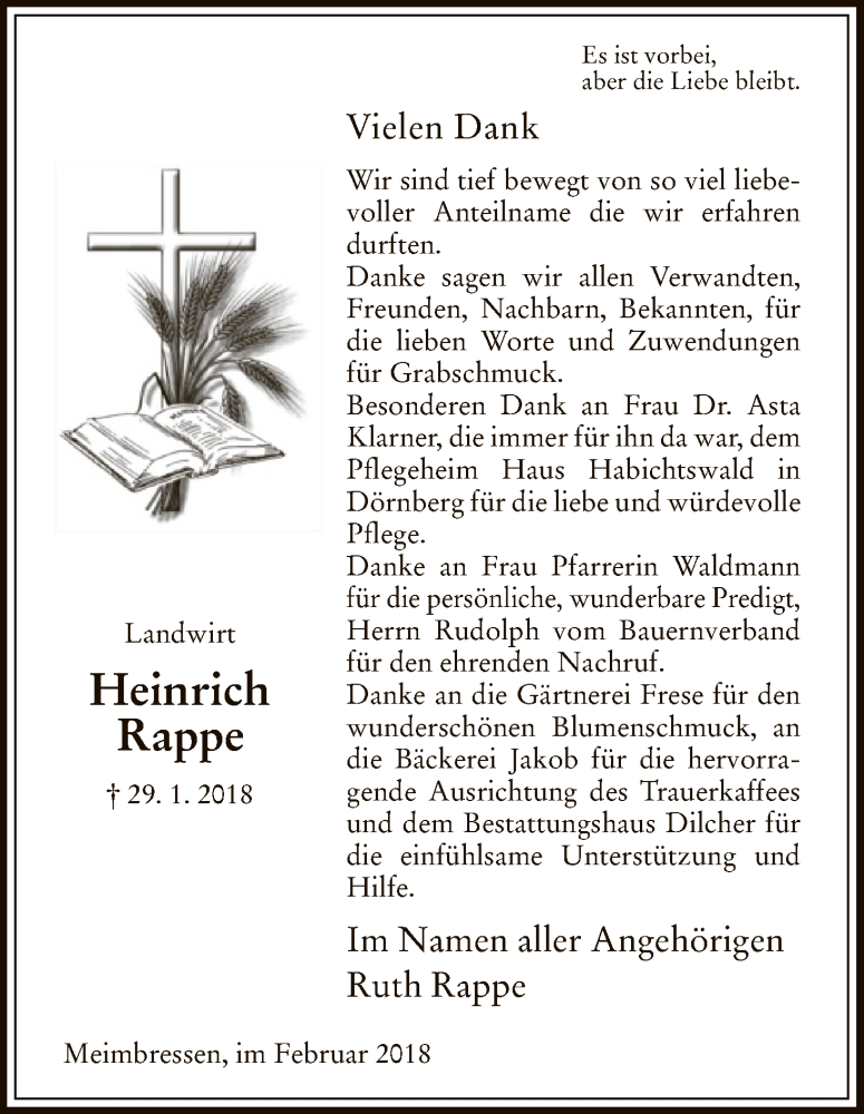  Traueranzeige für Heinrich Rappe vom 24.02.2018 aus HNA