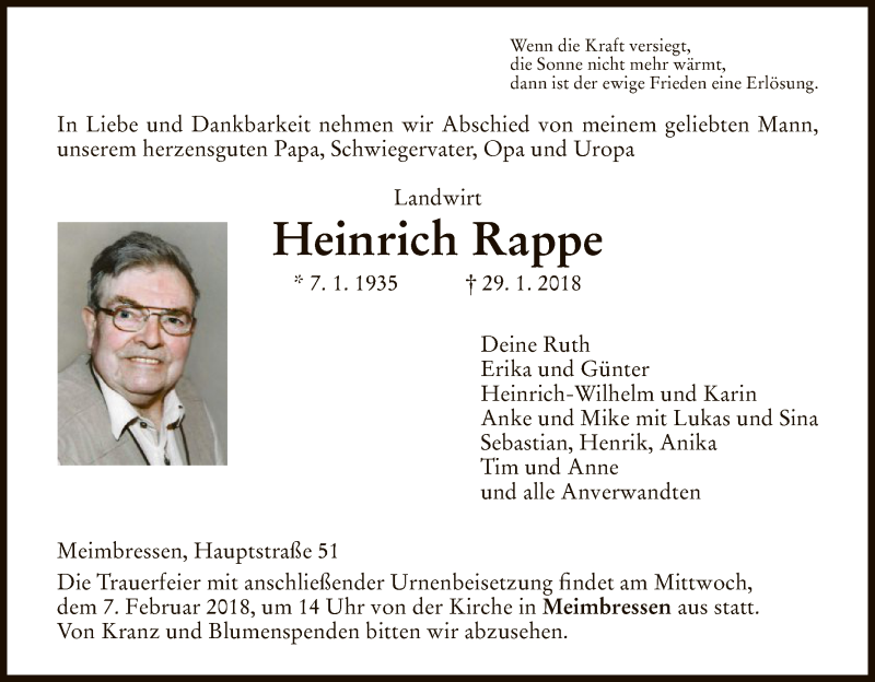  Traueranzeige für Heinrich Rappe vom 03.02.2018 aus HNA