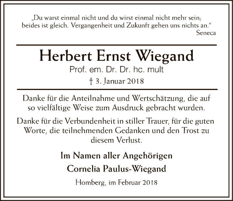  Traueranzeige für Herbert Ernst Wiegand vom 17.02.2018 aus HNA