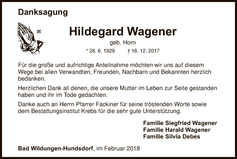  Traueranzeige für Hildegard Wagener vom 03.02.2018 aus HNA