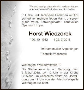 Traueranzeige von Horst Wieczorek von HNA