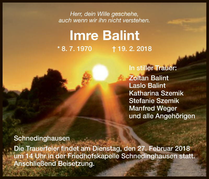  Traueranzeige für Imre Balint vom 24.02.2018 aus HNA