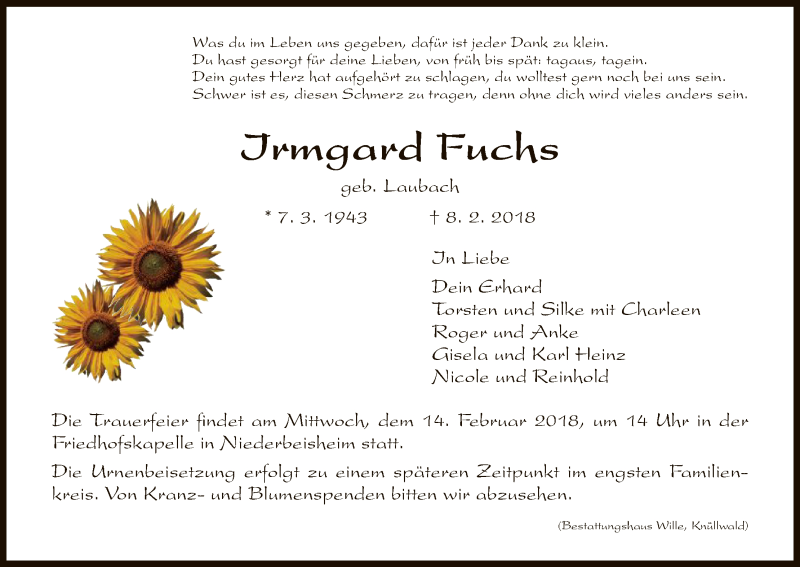  Traueranzeige für Irmgard Fuchs vom 12.02.2018 aus HNA