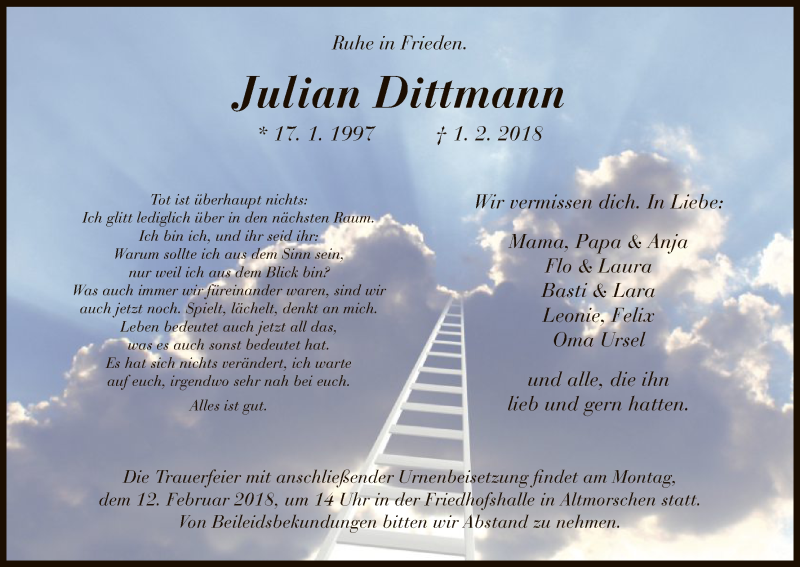  Traueranzeige für Julian Dittmann vom 10.02.2018 aus HNA