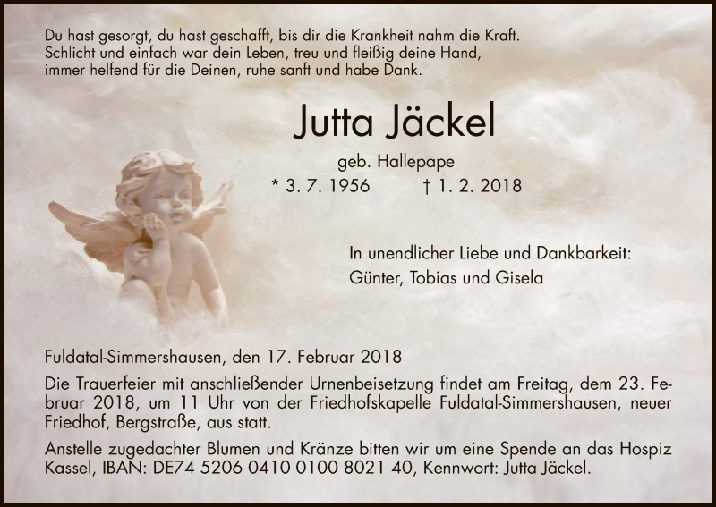  Traueranzeige für Jutta Jäckel vom 17.02.2018 aus HNA