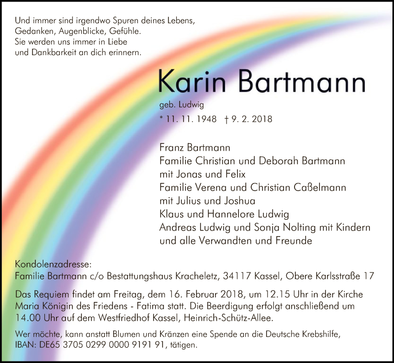  Traueranzeige für Karin Bartmann vom 13.02.2018 aus HNA