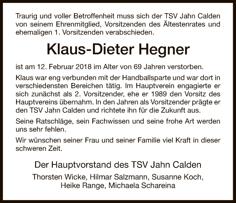  Traueranzeige für Klaus-Dieter Hegner vom 24.02.2018 aus HNA