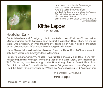 Traueranzeige von Käthe Lepper von HNA