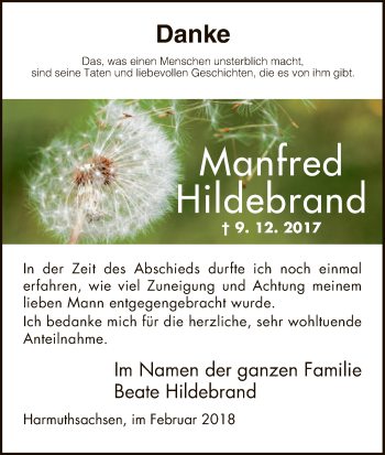 Traueranzeige von Manfred Hildebrand von HNA